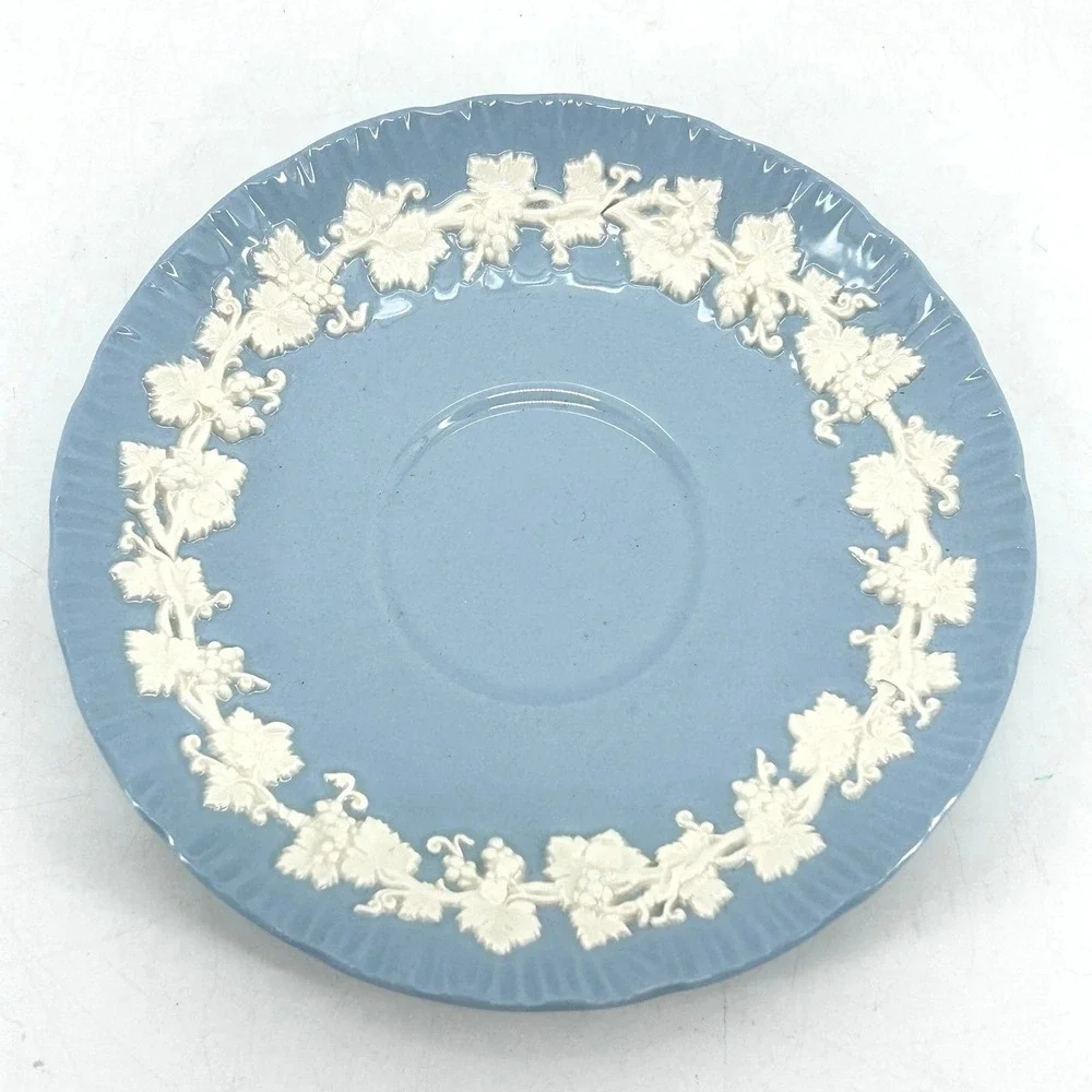 Wedgwood Queensware Cream on Lavender Blue Embossed Grapevine Tea Cup & Saucer